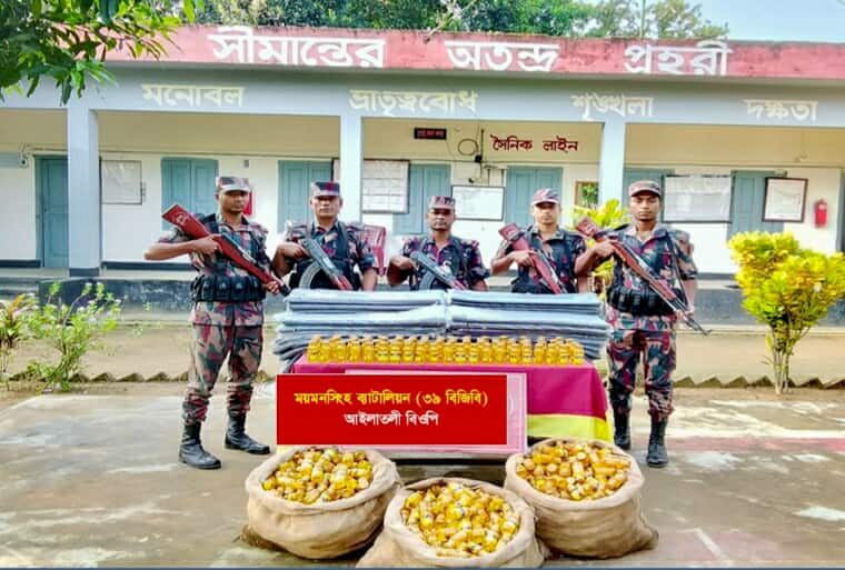 ময়মনসিংহ ও শেরপুর সীমান্তে বিজিবির অভিযানে বিপুল পরিমাণ ভারতীয় পণ্য জব্দ